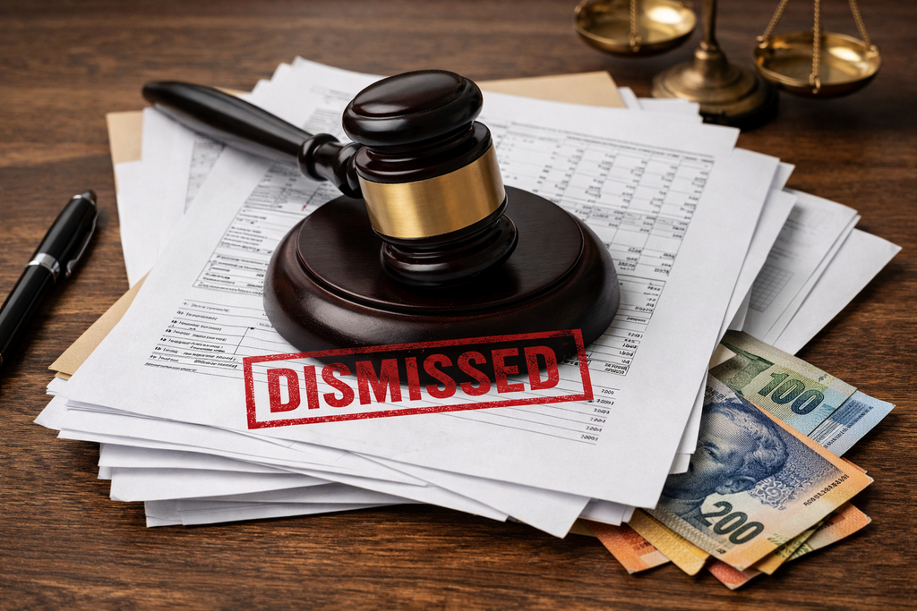 Judge’s gavel on financial documents stamped DISMISSED with South African Rand notes underneath — symbolizing Rule 43 maintenance claim rejection in South African divorce law.